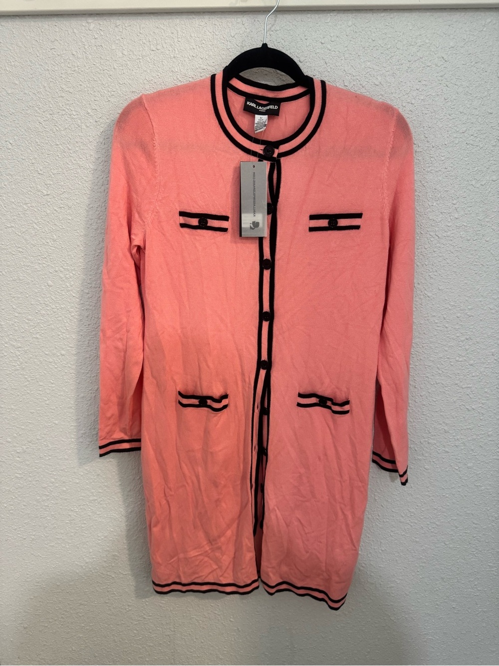 Karl Lagerfeld Pink Long Cardigan Dress with Black Trim